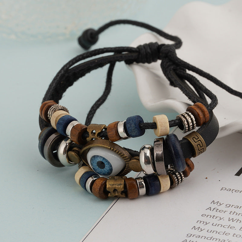 Wholesale Vintage Multi-layered Cowhide Eye Braided Bracelet